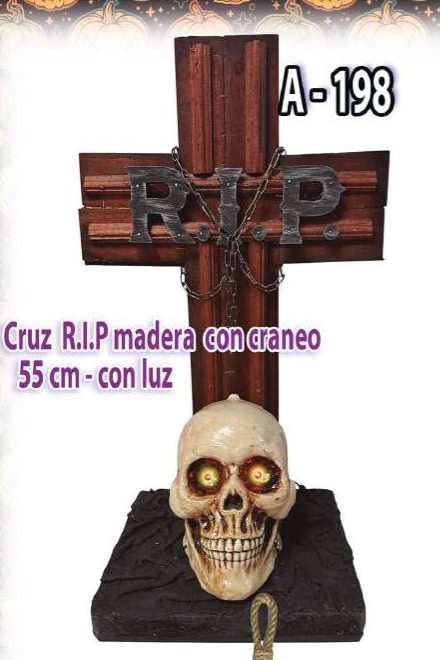 Cruz R.I.P. en madera con cráneo y luz